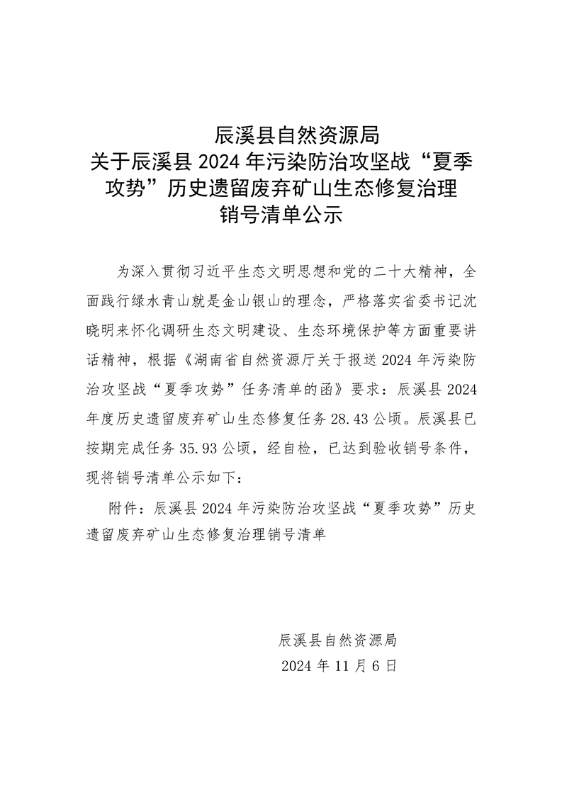 辰溪县自然资源局关于辰溪县2024年污染防治攻坚战“夏季攻势”历史遗留废弃矿山生态修复治理销号清单公示